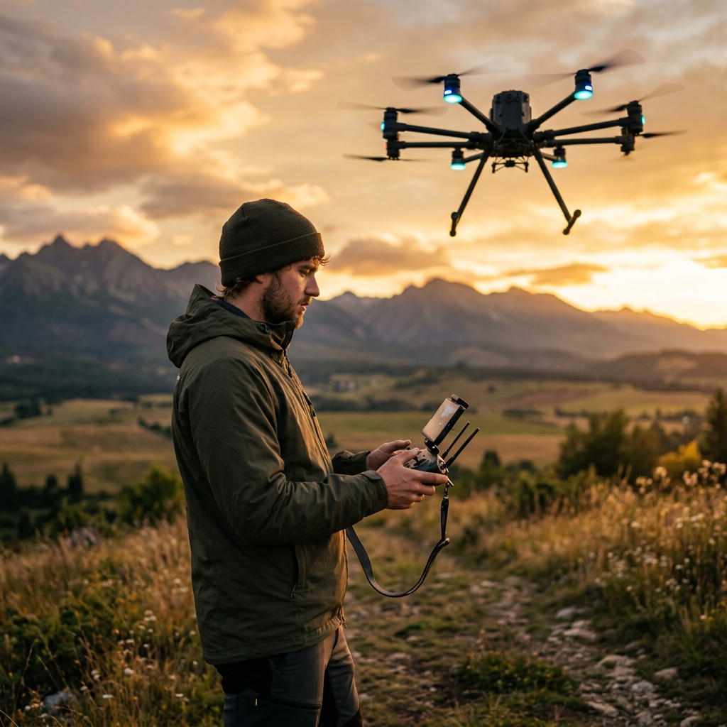 Professional drone operator controlling drone